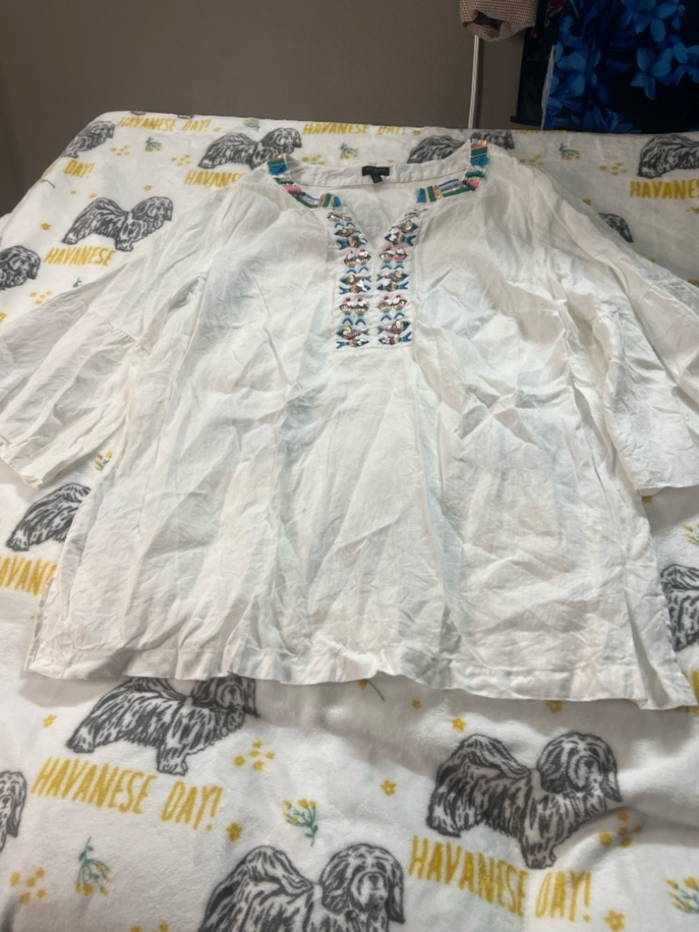 Talbots White Embroidered V-Neck Tunic with Multicolor Trim
